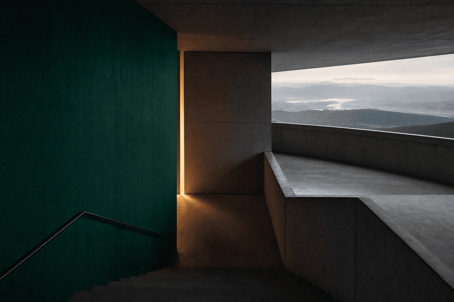 A quiet architectural decision space with a precise green path through slate shadows